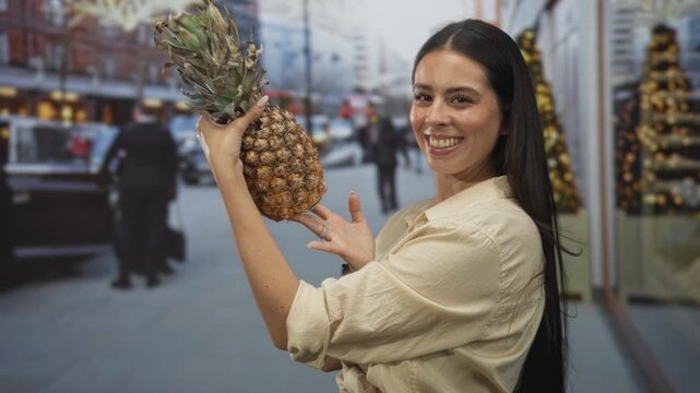 Young brunette woman holds ripe pineapple with both hands near chest on busy city street wearing beige shirt and watch smiling broadly; summer joy celebration.