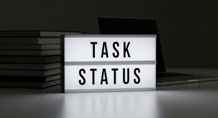 Fototapeta premium Task Status Lightbox on Desk with Laptop for Project Management Concept