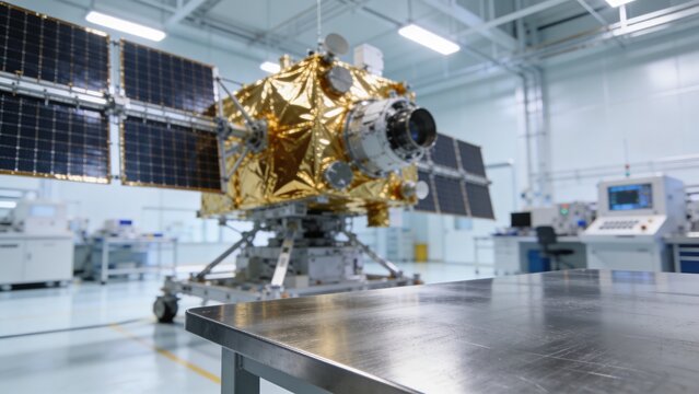 Cutting-edge satellite assembly in a pristine manufacturing facility, showcasing advanced aerospace engineering