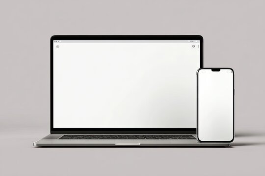 Front view of open laptop and smartphone with blank white screens