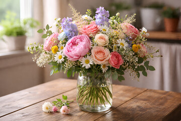 Elegant pastel flower bouquet arrangement in a clear glass vase