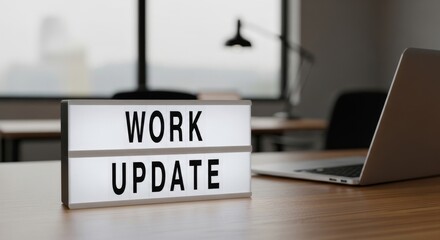 Fototapeta premium Work Update Sign with Laptop in Modern Office for Business Communication