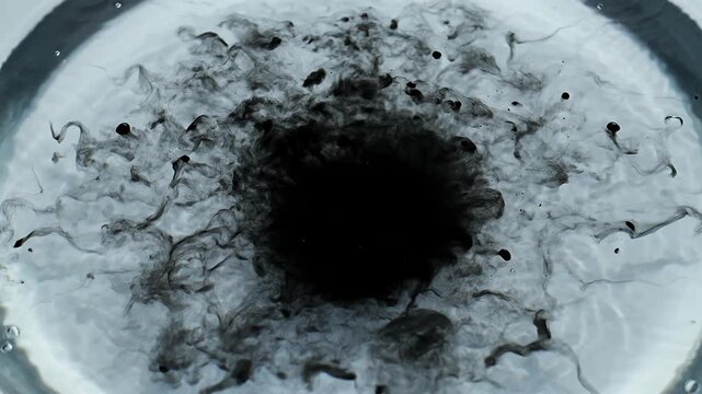 Abstract black ink spreading through clear water, creating a swirling pattern