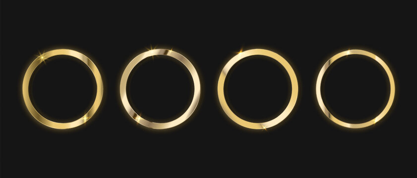 Gold metal medals and gold metal circle frames, Realistic 3d golden award badges set, Luxury round shining metal frames with glitters