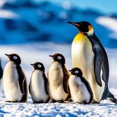 Obraz premium Emperor Penguin Family with Chicks in Antarctic Snow Illustration