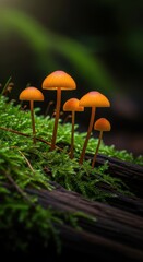 Fototapeta premium Captivating macro view of tiny bright orange wild mushrooms thriving on damp moss and decaying wood in a dark forest environment, decay, macro, outdoor