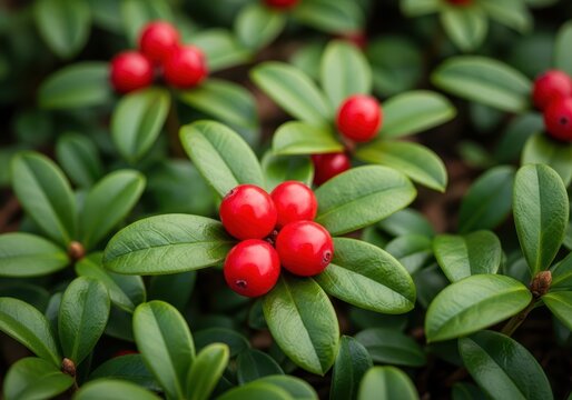 Bright red wintergreen berries nestled among glossy green leaves on the forest floor, symbolizing freshness and resilience in cold weather, forest, fresh, evergreen