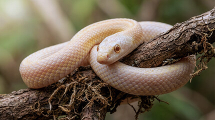 Fototapeta premium A close-up photo of a white snake curled around a tree branch in a natural setting