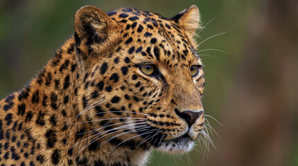 A close-up portrait of a leopard with a blurred green background, showcasing its distinctive spots and whiskers.