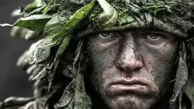 Intense Soldier Camouflaged Face Close Up in Forest.