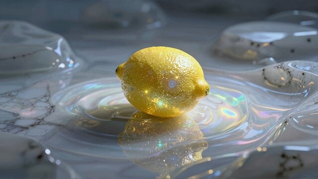 A bright yellow lemon with a reflective surface in a futuristic setting