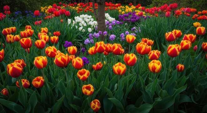 Ein prachtvoller, &uuml;ppiger Garten, gef&uuml;llt mit einer breiten Vielfalt an bunten Blumen. Perfekte Szene f&uuml;r Naturliebhaber und Gartenprojekte, Garten, idyllisch, nat&uuml;rlich