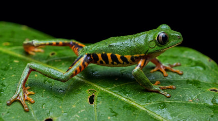 Obraz premium A vibrant green frog with yellow and black stripes sits on a large green leaf in a natural setting.
