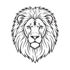 Fototapeta premium Majestic lion head with shaggy mane looking forward, black and white illustration