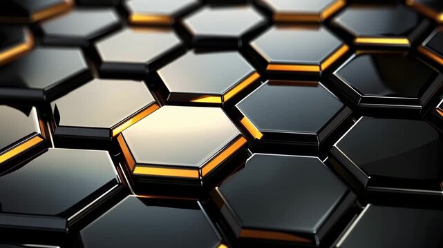 The camera focuses on black and gold hexagonal patterns. Light reflects off the surfaces creating interesting shapes and depth. The setting shows modern design features.