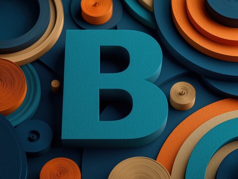 Three dimensional vibrant letter b design set against abstract background of colorful rolled paper strips