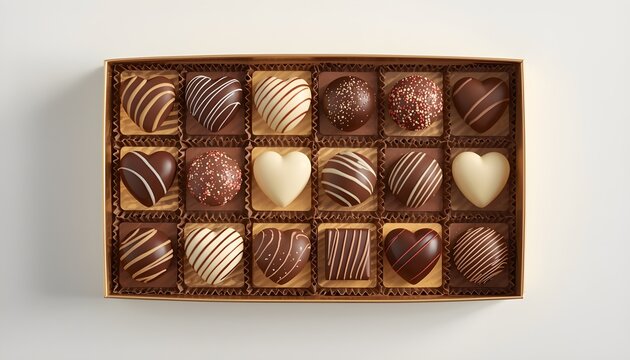 A box of assorted chocolates with various shapes and designs on a white background