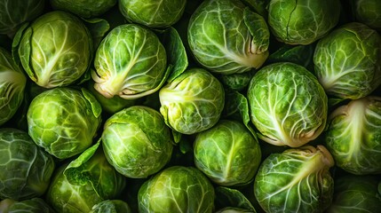 Fototapeta premium Close up of Fresh Brussels Sprouts on a Wooden Table, Healthy Vegan Ingredients for Cooking