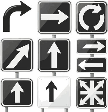 Create a realistic kinds of deferent blank road signs arrows vector art with white background..