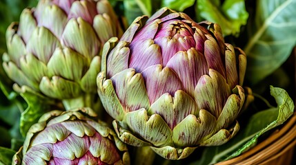 Fototapeta premium Close Up of Textured Artichokes with Trimmed Stems and Dark Green Leaves in Rustic Market Style