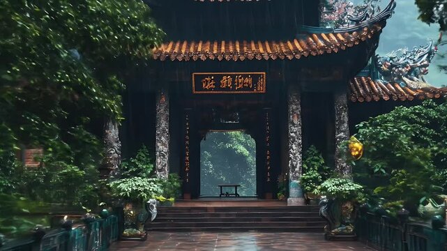 Temple gate nestled in dense foliage, leading to misty background