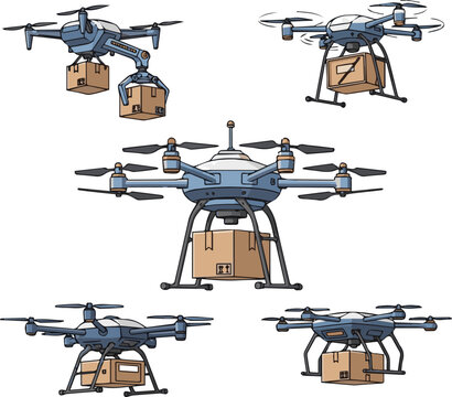 Create a realistic kinds of deferent Delivery concept - Drone multi copter carrying carton box vector art with white background..
