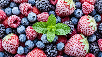 Frozen mixed berries with fresh mint leaves