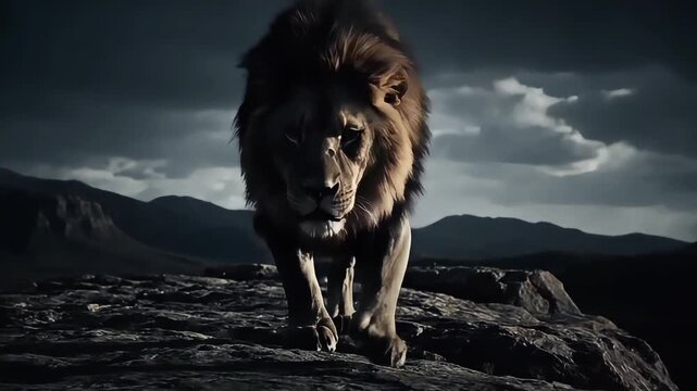A powerful lion with a dark mane walks towards the camera on a rocky outcrop against a dramatic cloudy sky and mountain range backdrop