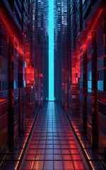 Fototapeta premium Futuristic city alley with glowing red lasers and blue light beams.