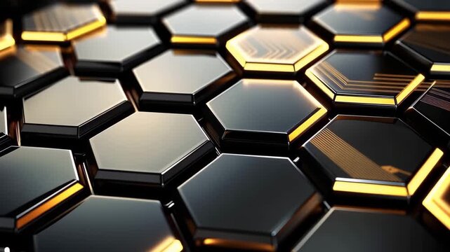 Different angles reveal a design made of black and gold hexagons, showing intricate details and reflections. The play of light enhances the patterns and textures.