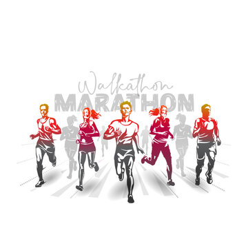 Concept for Marathon, Walkathon, running or sports day. A group of diverse people, and sports athletes players run win competition background.