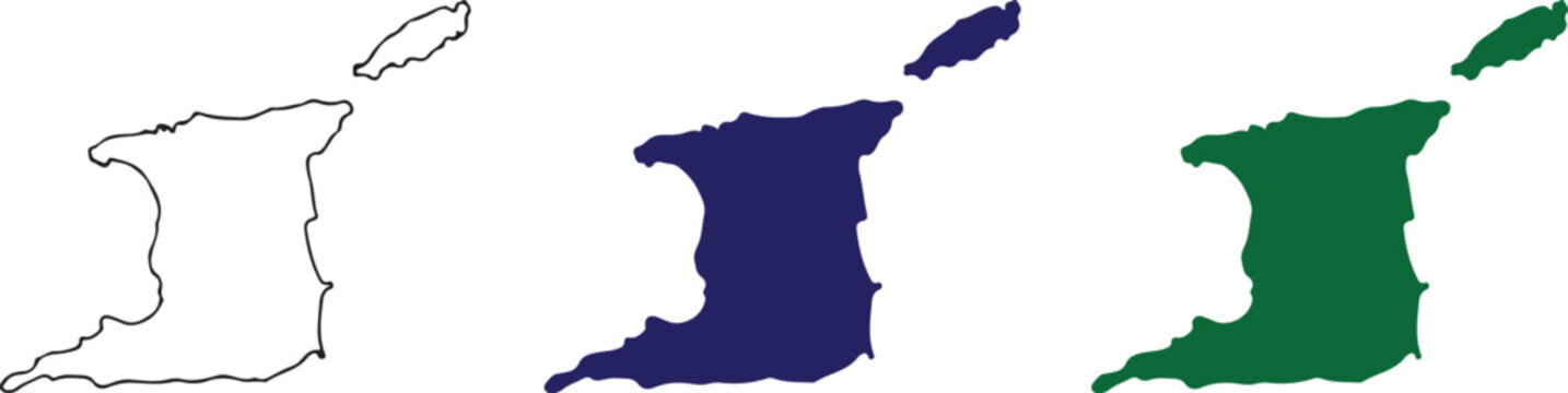 Trinidad and Tobago Map Silhouette Set - Isolated Vector Outline and Solid Icons of Caribbean Islands in Blue and Green