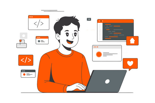 A programmer working on a laptop with coding icons around him