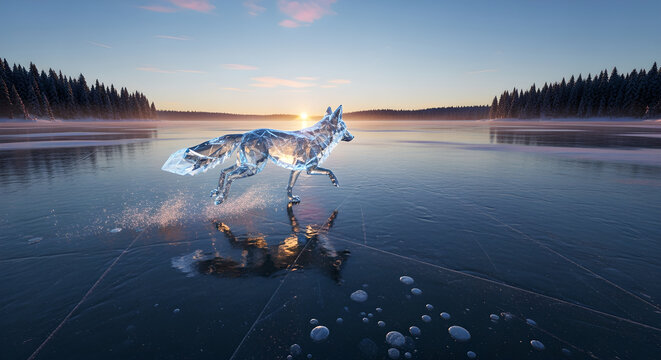 A magnificent ice fox, glowing with ethereal light, sprints across a frozen lake at sunrise, casting a vivid reflection against the serene winter landscape