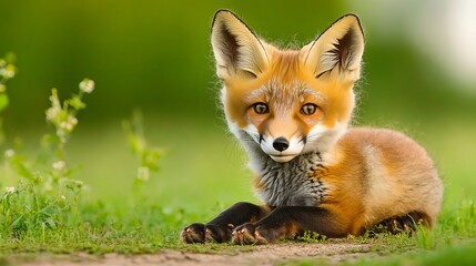 Fototapeta premium Charming Red Fox Cub Laying in a Sunny Meadow, Surrounded by Colorful Wildflowers, Full of Joy
