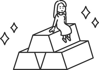 金の延べ棒に座る女性のイラスト　線画のみ
