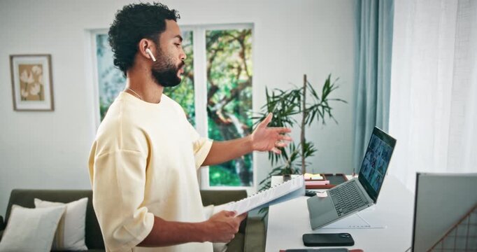 Man, laptop and video call with documents in home for finance planning, client query and remote work. Freelance financial advisor, tech and webinar with earphones for report feedback, advice and help