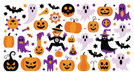 Fototapeta premium Halloween icons set with pumpkins, ghosts, and bats in vector illustration