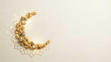 Crescent Moon Made of Almonds with Festive Lanterns and Geometric Shadows, a Symbolic Representation for Ramadan and Islamic Celebrations