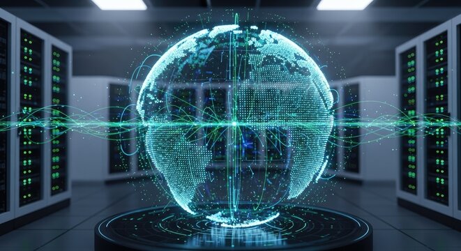 A futuristic digital globe floats within a server room.  Blue light streams from the globe, connecting to a network of data cables that extend across the room.