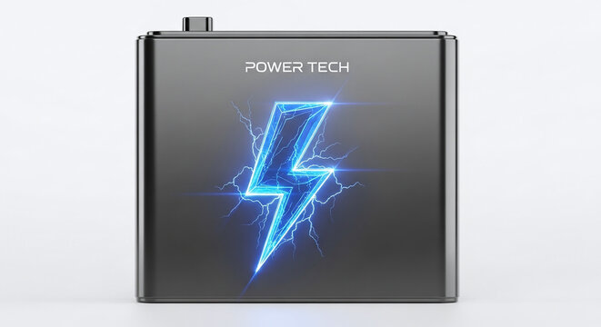 Battery pack with glowing blue lightning symbol on dark metallic surface in a product display