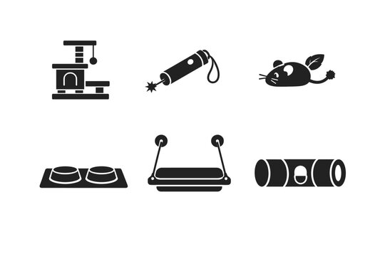 Collection of black silhouette icons representing various cat toys and accessories for home entertainment