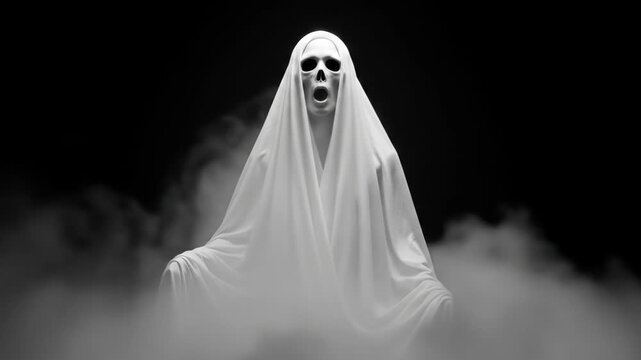 Spooky Halloween Ghost with a Skull Face in Mist.