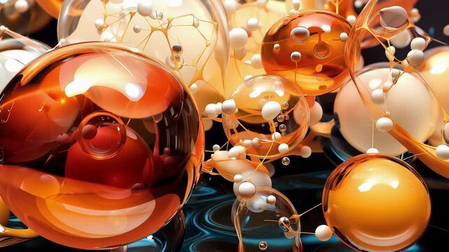 Colorful orbs float and interact in a dark space. Their shapes and lights change as they move, creating a lively display of patterns and colors at dusk.