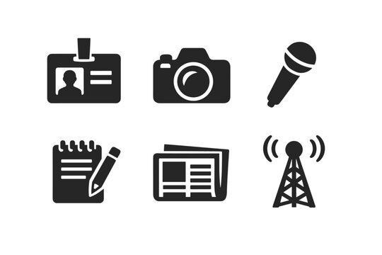 Set of six journalistic icons including camera, microphone, and news broadcast tower
