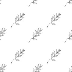 Obraz premium Minimalist botanical seamless pattern with hand drawn leaves branches, black line floral background