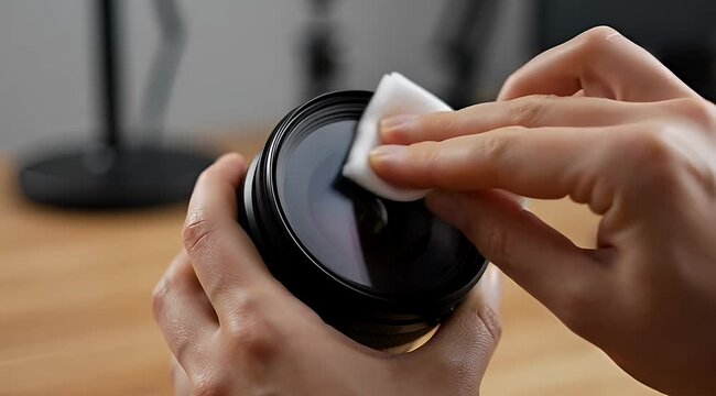 Closeup of hands carefully cleaning a black camera lens with a soft cloth
