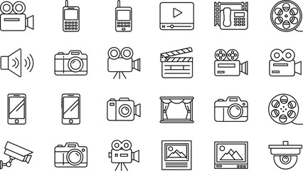 Photography video production and media equipment outline icon set camera film smartphone cinema vector symbols collection