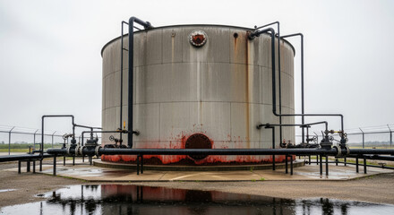 Obraz premium A large, weathered, cylindrical storage tank dominates the frame, situated on a concrete platform. The tank is painted a dull gray and shows signs of rust and staining.