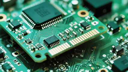 Fototapeta premium Close-up of printed circuit board with microchip and traces. Suitable for banner, microelectronics article, engineering topic, or technology design. 